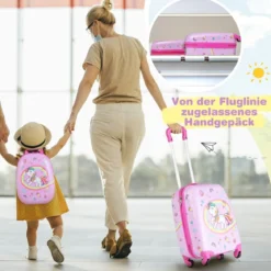 Kinderkoffer Rollender Hartschalen-Koffer 2-Teiliges Handgepäck-Set mit Spinner-Rädern Rosa
