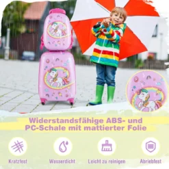 Kinderkoffer Rollender Hartschalen-Koffer 2-Teiliges Handgepäck-Set mit Spinner-Rädern Rosa