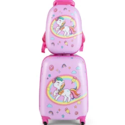 Kinderkoffer Rollender Hartschalen-Koffer 2-Teiliges Handgepäck-Set mit Spinner-Rädern Rosa