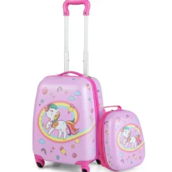 Kinderkoffer Rollender Hartschalen-Koffer 2-Teiliges Handgepäck-Set mit Spinner-Rädern Rosa