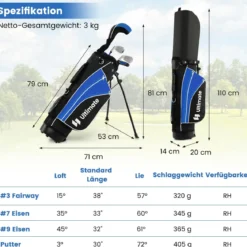 Kinder Komplettes Golf-Schlägerset Rechtshänder Golfset für Kinder von 11-13 Jahren Blau