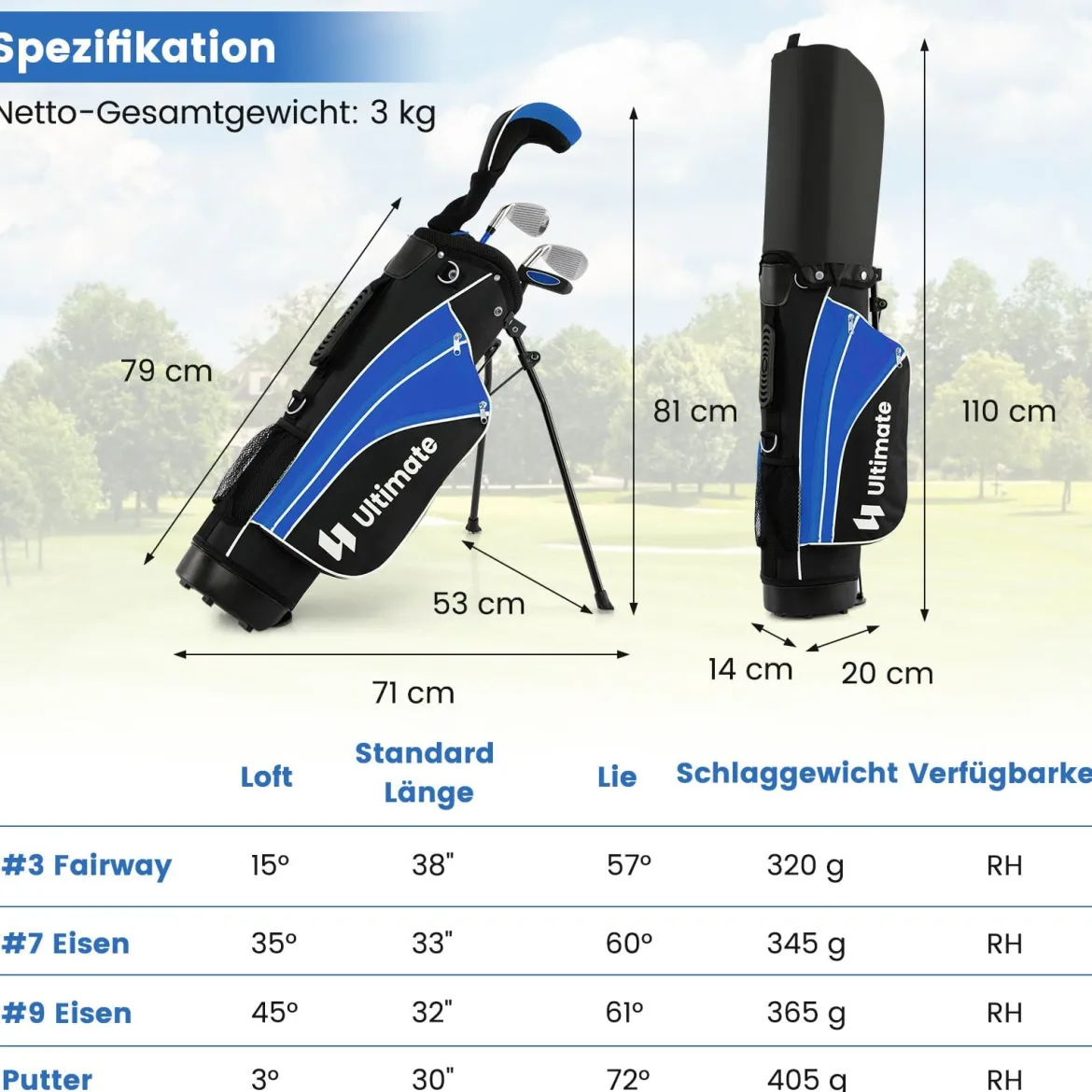 Kinder Komplettes Golf-Schlägerset Rechtshänder Golfset für Kinder von 11-13 Jahren Blau