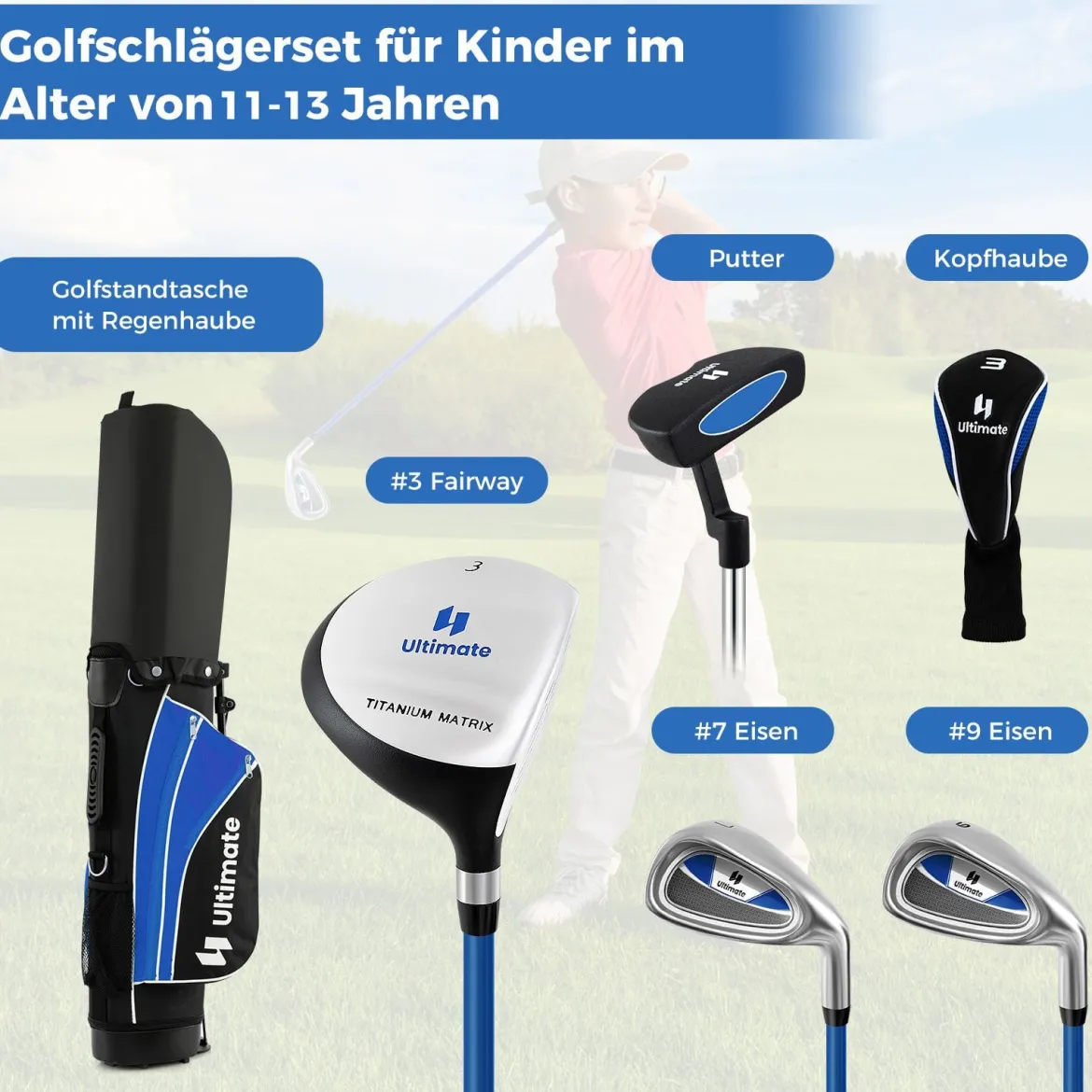 Kinder Komplettes Golf-Schlägerset Rechtshänder Golfset für Kinder von 11-13 Jahren Blau