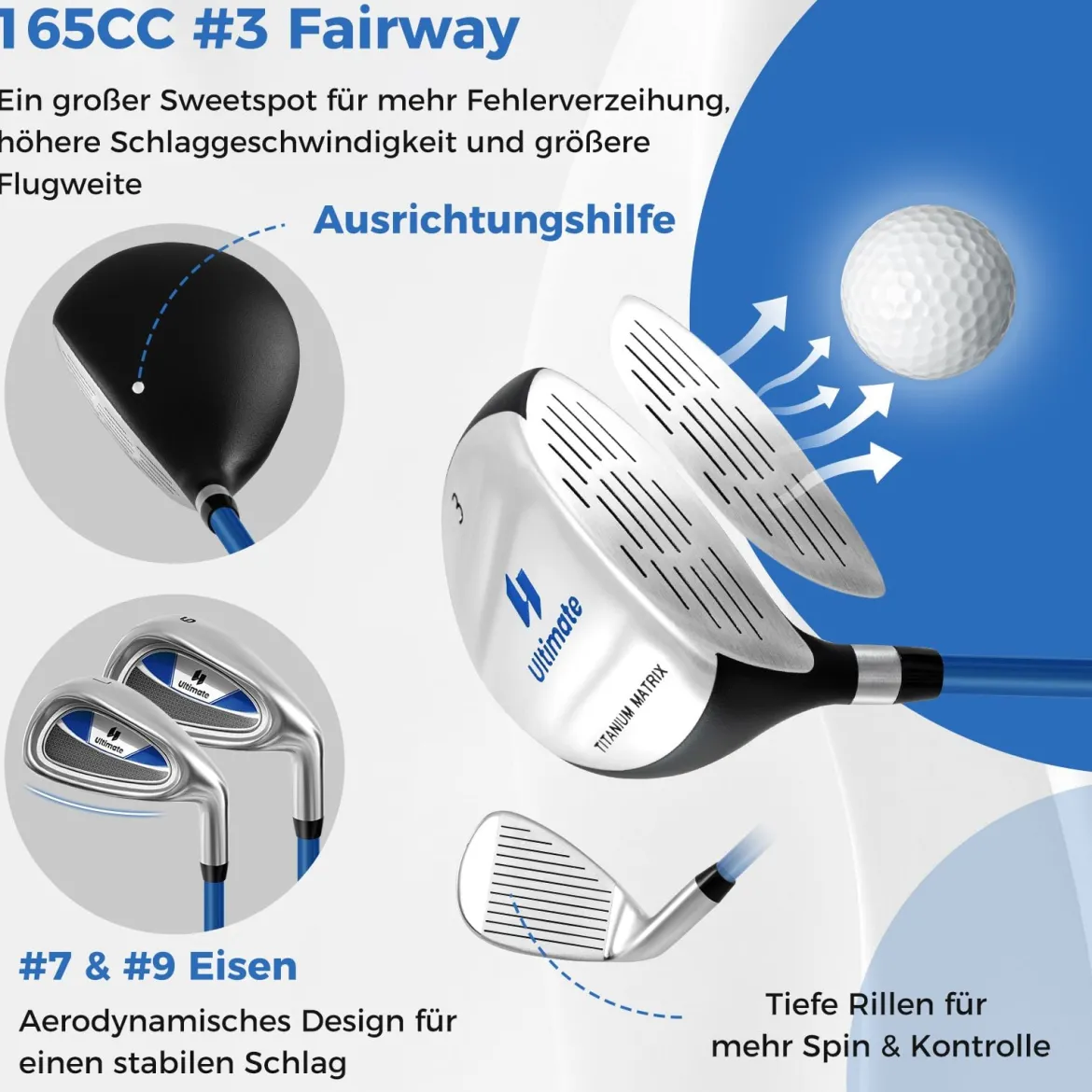 Kinder Komplettes Golf-Schlägerset Rechtshänder Golfset für Kinder von 11-13 Jahren Blau