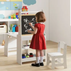 Kinderkunsttisch- & Stuhl-Set Kindertisch mit Staffelei & Stuhl Whiteboard & Kreidetafel Grau