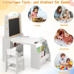 Kinderkunsttisch- & Stuhl-Set Kindertisch mit Staffelei & Stuhl Whiteboard & Kreidetafel Grau