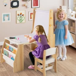 Kinderkunsttisch und Stuhl-Set multifunktionaler Kindertisch mit Staffelei & Stuhl Whiteboard & Kreidetafel Natur