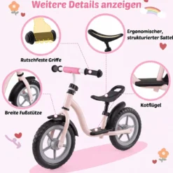 Kinderlaufrad mit Mehrfach Verstellbarem Sattel & Lenker für Kinder ab 3 Jahren Rosa