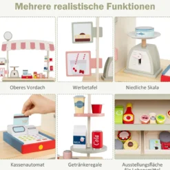 Kinder Lebensmittelwagen aus Holz auf 3 Rädern mit Kasse Foodtruck für Kinder ab 3 J. Grün