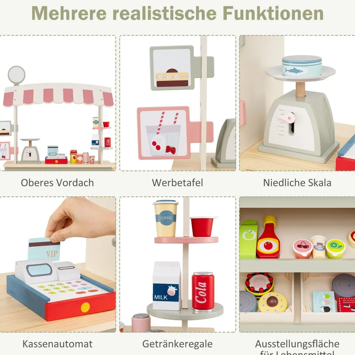 Kinder Lebensmittelwagen aus Holz auf 3 Rädern mit Kasse Foodtruck für Kinder ab 3 J. Grün