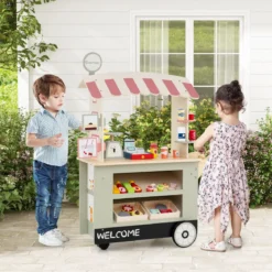 Kinder Lebensmittelwagen aus Holz auf 3 Rädern mit Kasse Foodtruck für Kinder ab 3 J. Grün