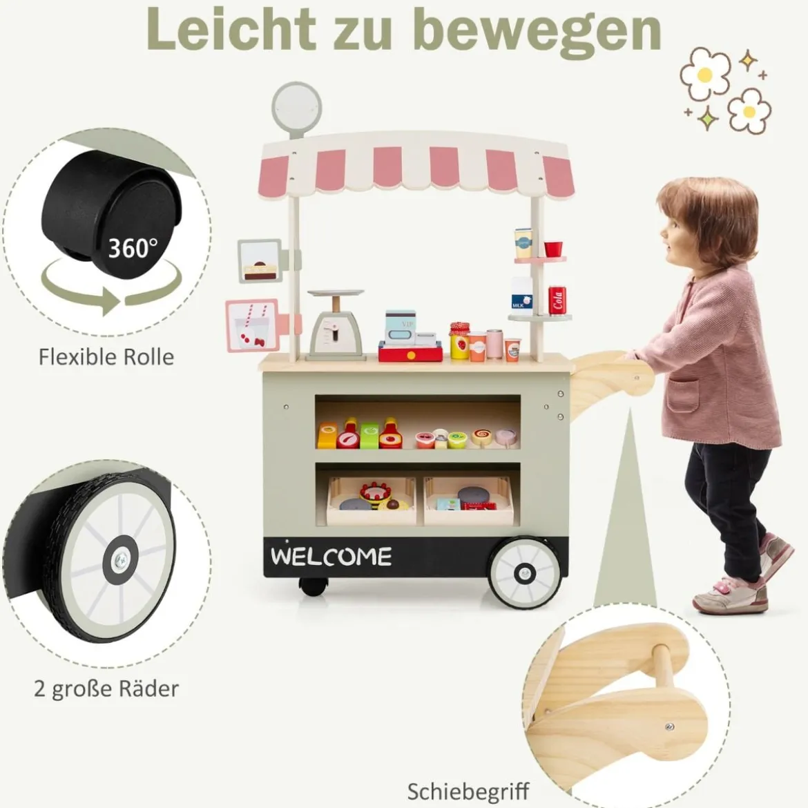 Kinder Lebensmittelwagen aus Holz auf 3 Rädern mit Kasse Foodtruck für Kinder ab 3 J. Grün