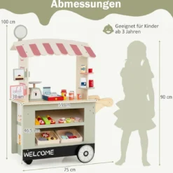 Kinder Lebensmittelwagen aus Holz auf 3 Rädern mit Kasse Foodtruck für Kinder ab 3 J. Grün