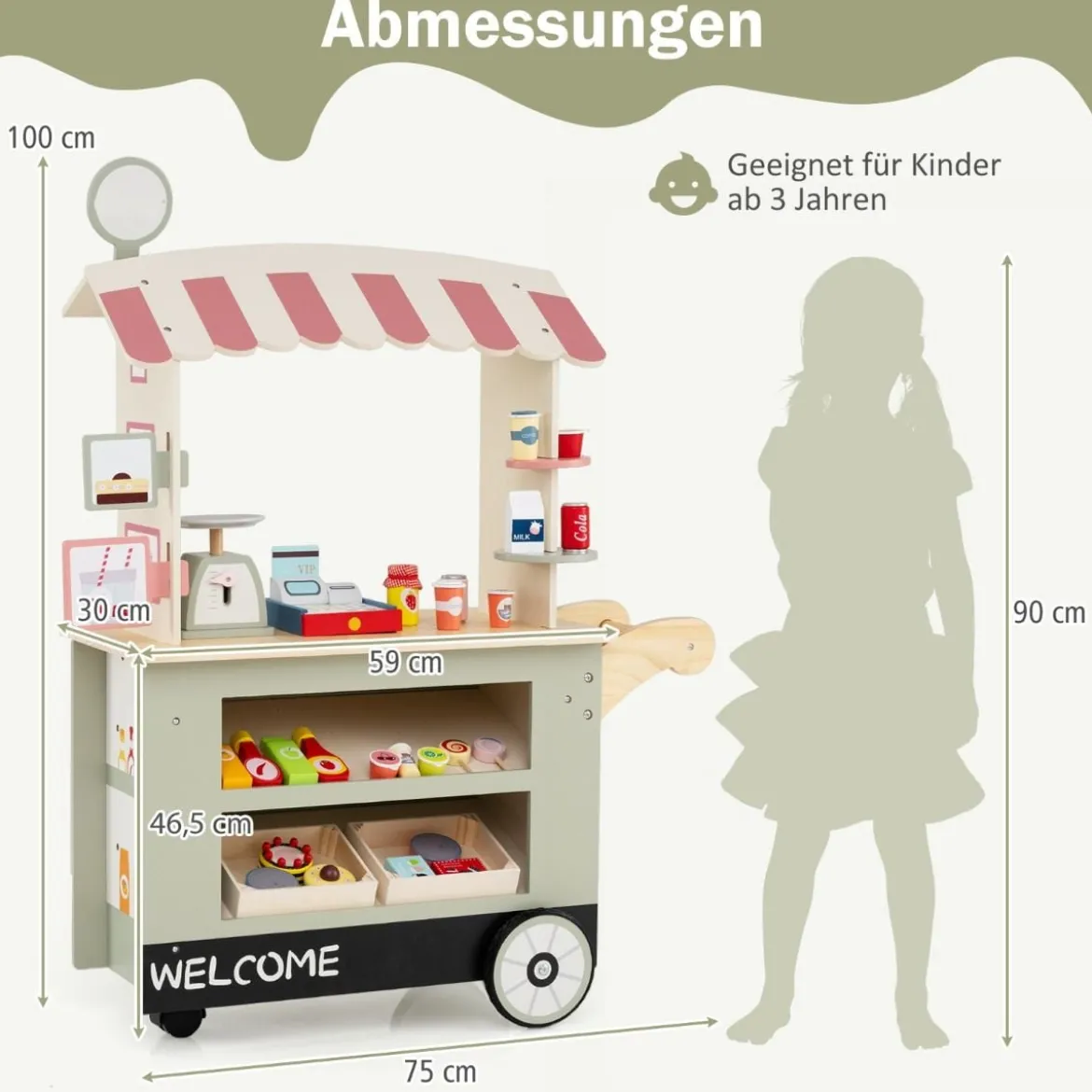 Kinder Lebensmittelwagen aus Holz auf 3 Rädern mit Kasse Foodtruck für Kinder ab 3 J. Grün