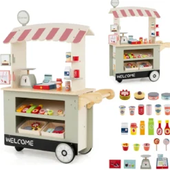 Kinder Lebensmittelwagen aus Holz auf 3 Rädern mit Kasse Foodtruck für Kinder ab 3 J. Grün