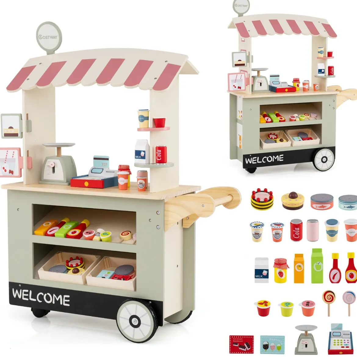 Kinder Lebensmittelwagen aus Holz auf 3 Rädern mit Kasse Foodtruck für Kinder ab 3 J. Grün