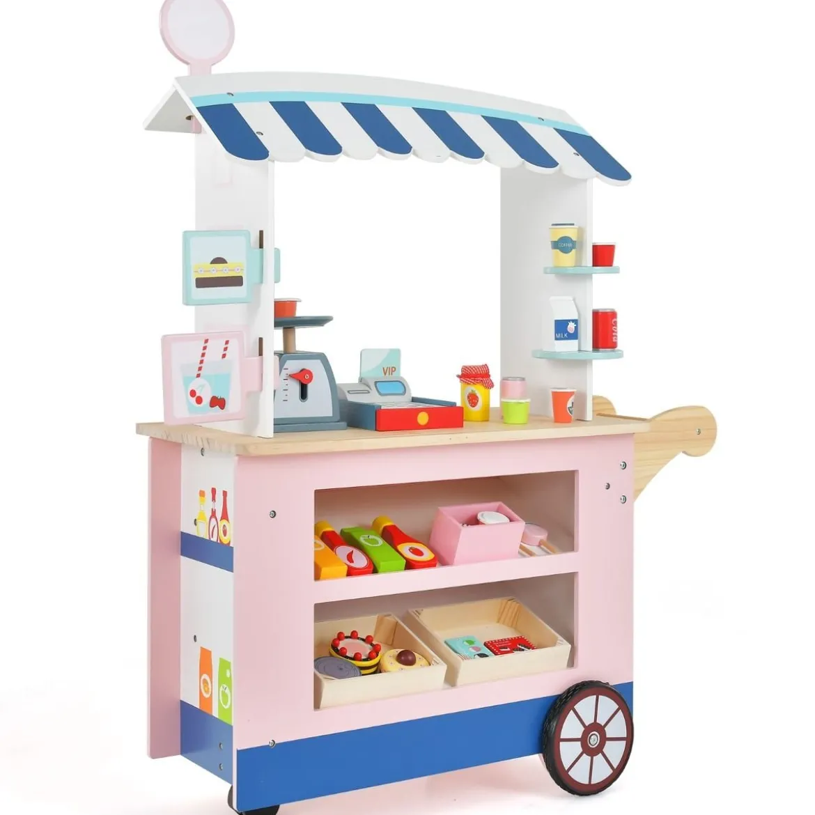 Kinder Lebensmittelwagen aus Holz auf 3 Rädern mit Kasse Foodtruck für Kinder ab 3 J.