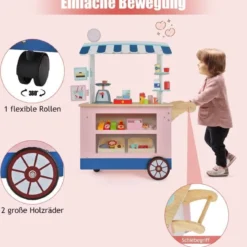 Kinder Lebensmittelwagen aus Holz auf 3 Rädern mit Kasse Foodtruck für Kinder ab 3 J.
