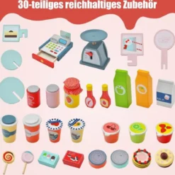 Kinder Lebensmittelwagen aus Holz auf 3 Rädern mit Kasse Foodtruck für Kinder ab 3 J.