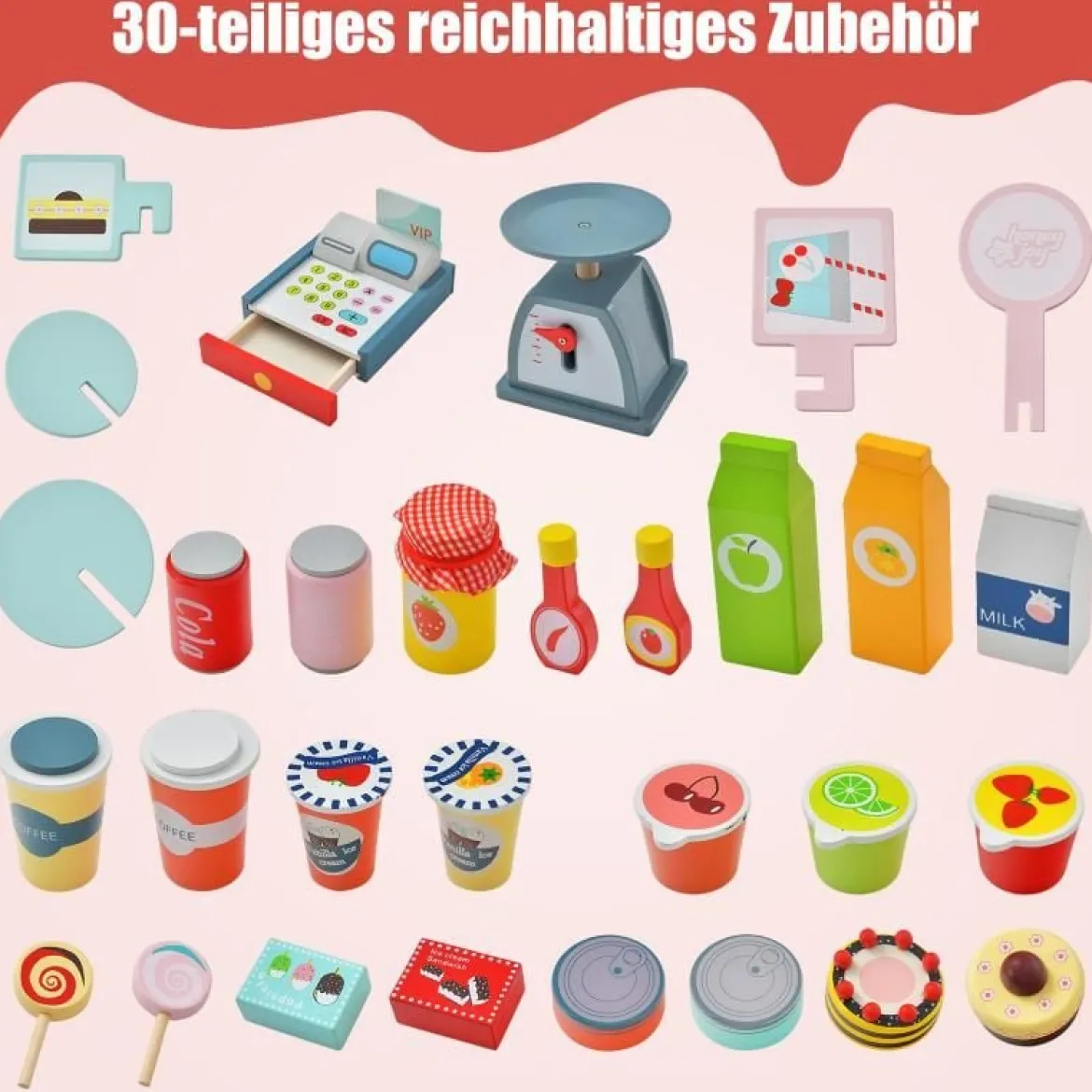 Kinder Lebensmittelwagen aus Holz auf 3 Rädern mit Kasse Foodtruck für Kinder ab 3 J.