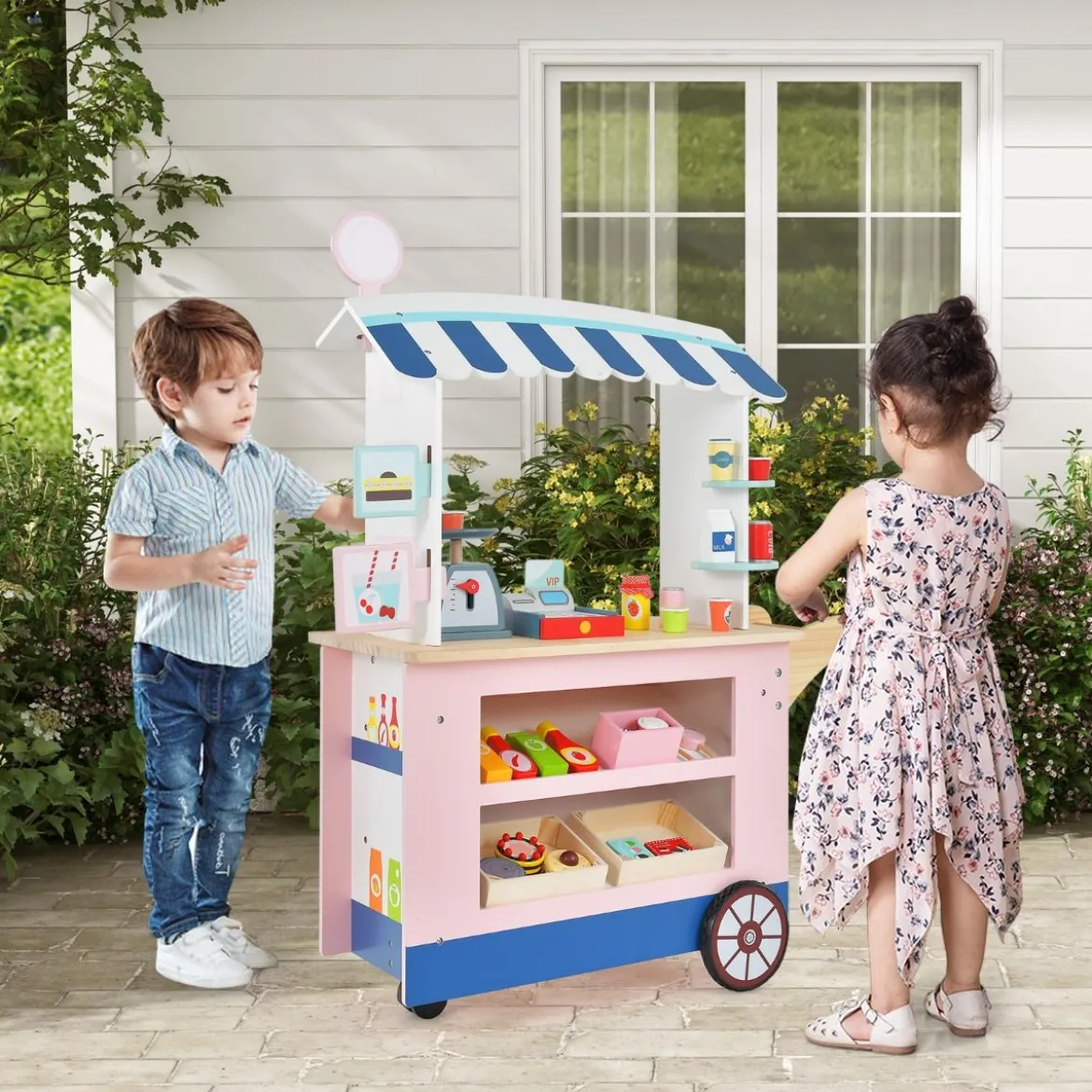 Kinder Lebensmittelwagen aus Holz auf 3 Rädern mit Kasse Foodtruck für Kinder ab 3 J.
