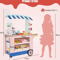 Kinder Lebensmittelwagen aus Holz auf 3 Rädern mit Kasse Foodtruck für Kinder ab 3 J.