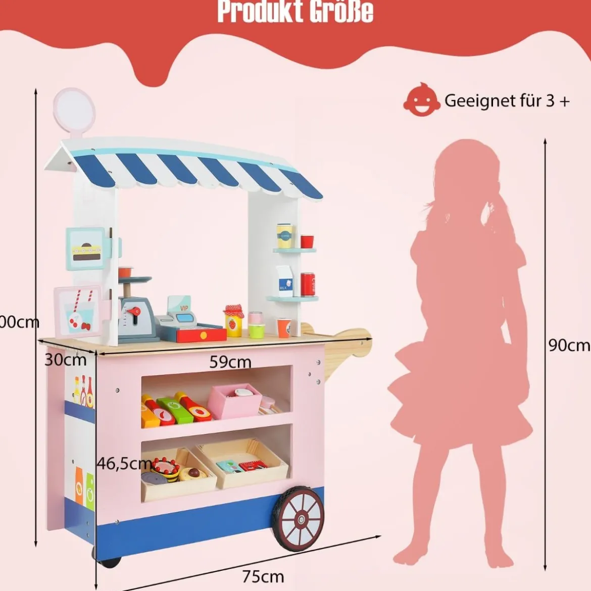 Kinder Lebensmittelwagen aus Holz auf 3 Rädern mit Kasse Foodtruck für Kinder ab 3 J.