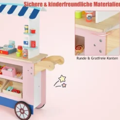 Kinder Lebensmittelwagen aus Holz auf 3 Rädern mit Kasse Foodtruck für Kinder ab 3 J.
