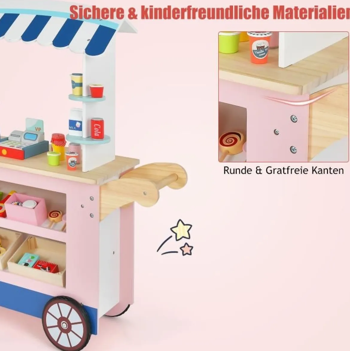 Kinder Lebensmittelwagen aus Holz auf 3 Rädern mit Kasse Foodtruck für Kinder ab 3 J.