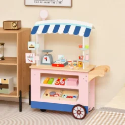 Kinder Lebensmittelwagen aus Holz auf 3 Rädern mit Kasse Foodtruck für Kinder ab 3 J.