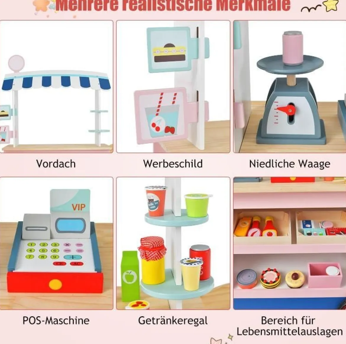 Kinder Lebensmittelwagen aus Holz auf 3 Rädern mit Kasse Foodtruck für Kinder ab 3 J.