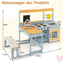 Kinder Matschenküche Fichtenholz Picknicktisch Bank Tafel Wasserbehälter Spüle Zubehör Bunt