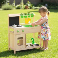 Kinder Matschküche aus Massivholz ab 3 Jahren zum Rollenspiel mit Kreidetafel Herd & Wasserhahn für Garten & Balkon
