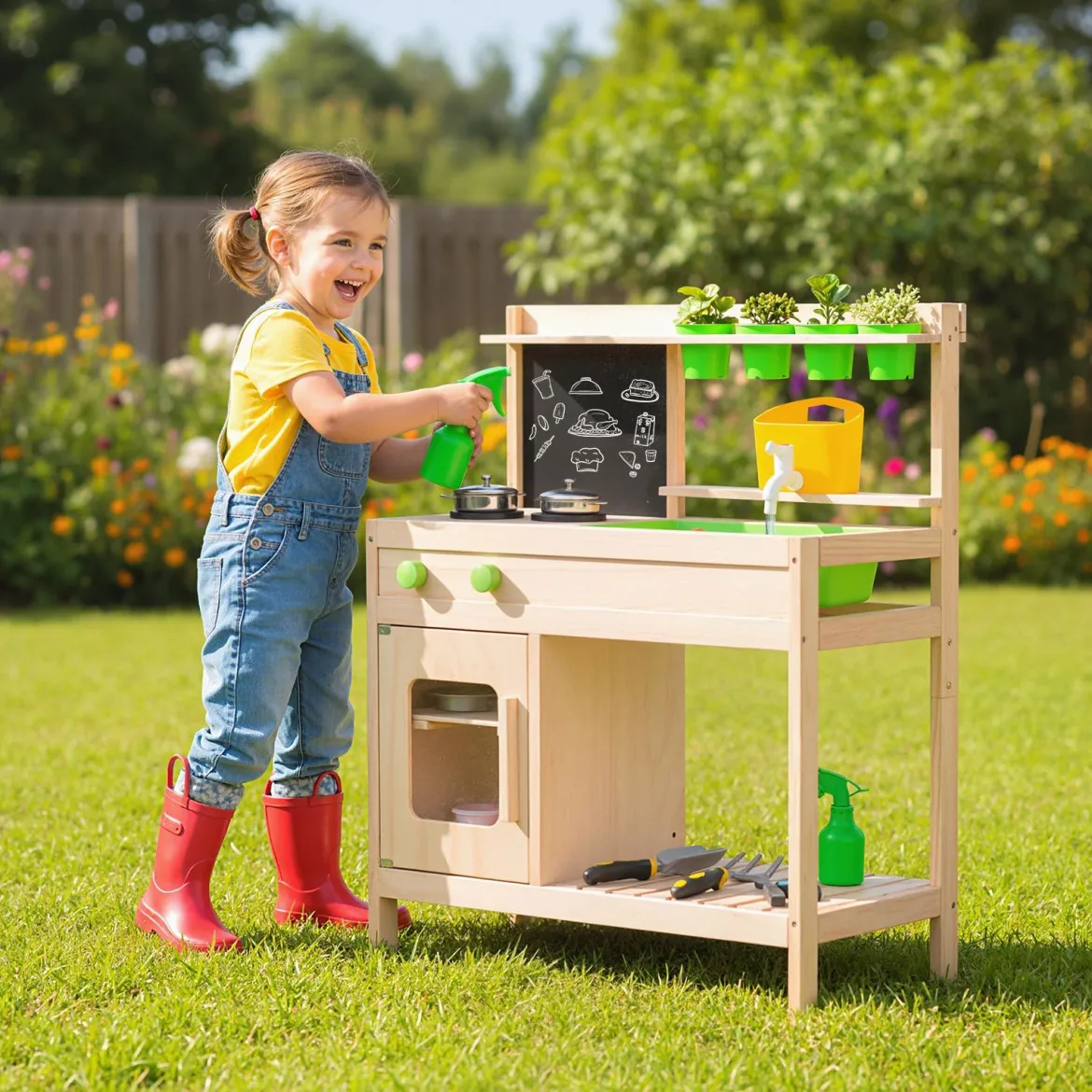 Kinder Matschküche aus Massivholz ab 3 Jahren zum Rollenspiel mit Kreidetafel Herd & Wasserhahn für Garten & Balkon