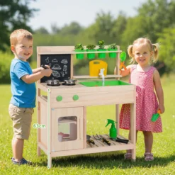 Kinder Matschküche aus Massivholz ab 3 Jahren zum Rollenspiel mit Kreidetafel Herd & Wasserhahn für Garten & Balkon
