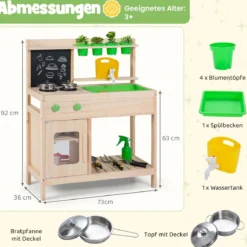 Kinder Matschküche aus Massivholz ab 3 Jahren zum Rollenspiel mit Kreidetafel Herd & Wasserhahn für Garten & Balkon