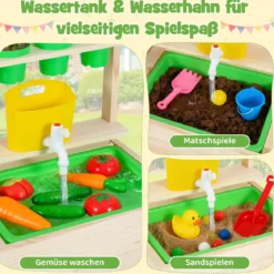 Kinder Matschküche aus Massivholz ab 3 Jahren zum Rollenspiel mit Kreidetafel Herd & Wasserhahn für Garten & Balkon