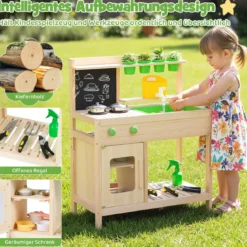 Kinder Matschküche aus Massivholz ab 3 Jahren zum Rollenspiel mit Kreidetafel Herd & Wasserhahn für Garten & Balkon