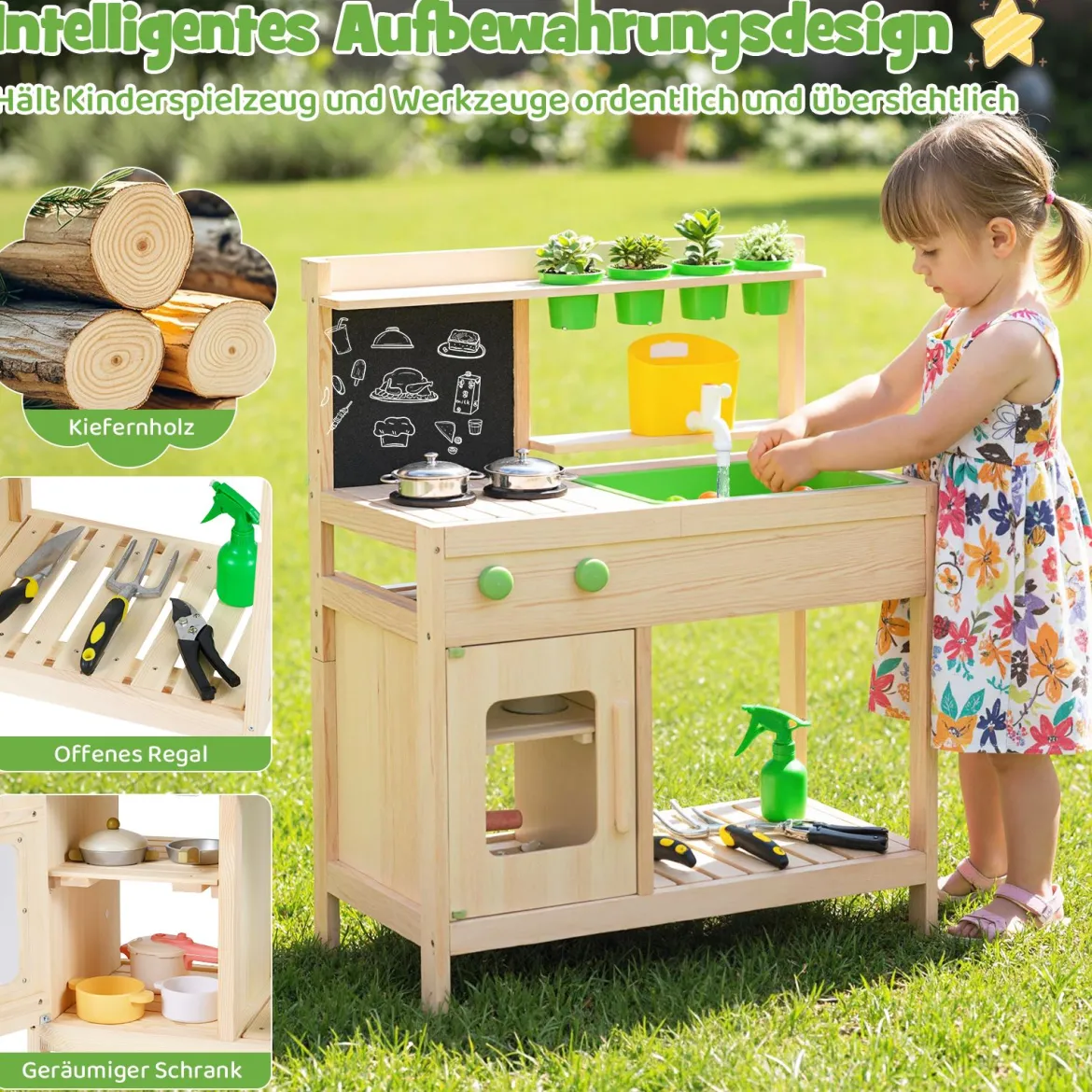 Kinder Matschküche aus Massivholz ab 3 Jahren zum Rollenspiel mit Kreidetafel Herd & Wasserhahn für Garten & Balkon