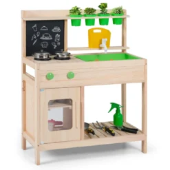 Kinder Matschküche aus Massivholz ab 3 Jahren zum Rollenspiel mit Kreidetafel Herd & Wasserhahn für Garten & Balkon