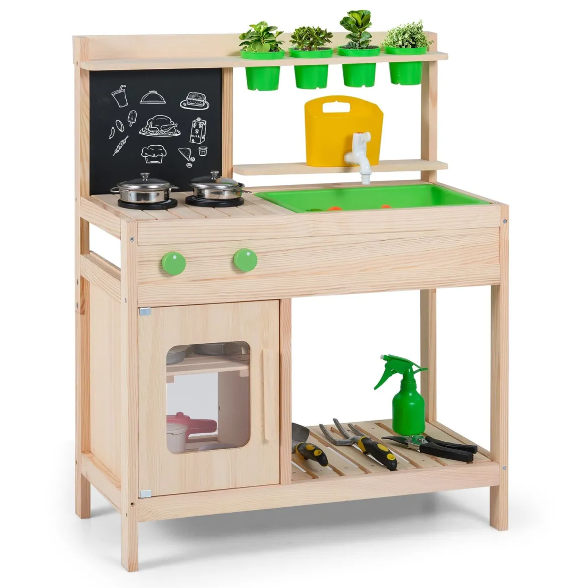 Kinder Matschküche aus Massivholz ab 3 Jahren zum Rollenspiel mit Kreidetafel Herd & Wasserhahn für Garten & Balkon