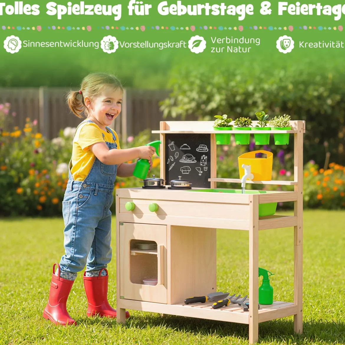 Kinder Matschküche aus Massivholz ab 3 Jahren zum Rollenspiel mit Kreidetafel Herd & Wasserhahn für Garten & Balkon