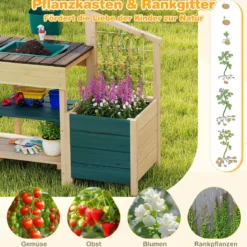 Kinder Matschküche mit Pflanzkasten & Rankgitter Outdoor Kinderküche mit Wasserfunktion Natur + Grün