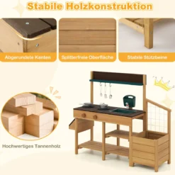 Kinder Matschküche mit Pflanzkasten & Rankgitter Outdoor Kinderküche mit Wasserfunktion Natur + Braun