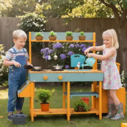 Kinder Matschküche mit Pflanzkasten & Rankgitter Outdoor Kinderküche mit Wasserfunktion Gelb + Hellgrün