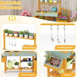 Kinder Matschküche mit Pflanzkasten & Rankgitter Outdoor Kinderküche mit Wasserfunktion Gelb + Hellgrün