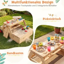 Kinder Picknicktisch mit Sandkasten & Sonnenschirm Holz Kindertisch mit Abnehmbarer Tischplatte