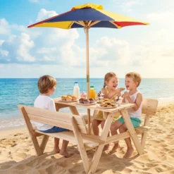 Kinder Picknicktisch mit Sonnenschirm Kindersitzgruppe aus Tannenholz mit 2 Bänken und Rückenlehnen