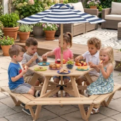Kinder Picknicktisch Sechseckig Kindersitzgruppe mit Abnehmbarem Sonnenschirm für 6 Kinder