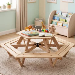 Kinder Picknicktisch Sechseckig Kindersitzgruppe mit Abnehmbarem Sonnenschirm für 6 Kinder